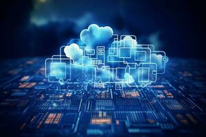 Computer circuit board with clouds floating out, representing the connection between technology and the digital world photo