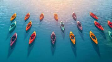 ilustración aéreo ver flotilla de kayaks en un sereno cuerpo de agua foto