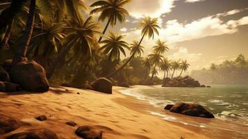 Serene tropical beach with lush palm trees and rocky outcrops photo