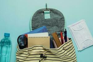 Learning supplies with hygiene face mask and fresh drinking water in a student backpack photo