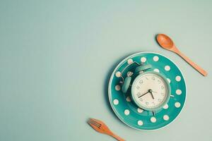 An alarm clock on an empty plate and cutlery set photo