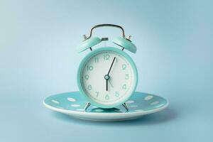 An alarm clock on an empty plate against blue background photo