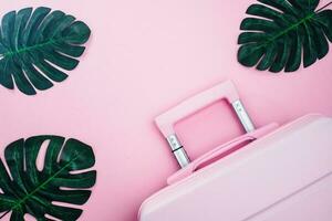 Pinky luggage with palm leaves on pink background photo