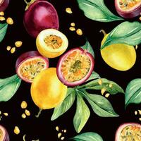 Various passion fruits,leaf, splash juice watercolor seamless pattern isolated on dark. Tropical whole, sliced maracuja hand drawn. Design for wrapping, package, textile, background, tableware vector