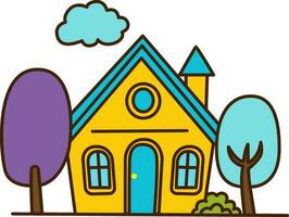 Vector small cartoon house with colorful trees icon. Vector yellow house with blue roof and flue icon.