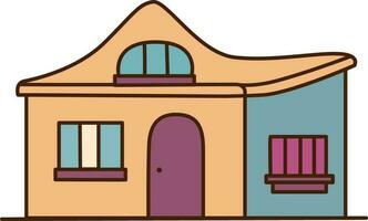 Vector cartoon house flat style icon. Vector simple house with purple door and three windows icon.