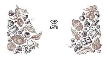 Choco border. Vector cocoa fruit, bean Art sketch