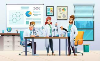 Group of scientists conducting experiments in science laboratory. Men and woman scientists doing scientific research. Vector illustration