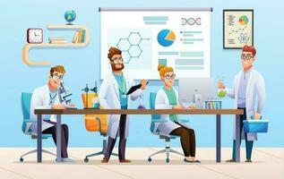 grupo de científicos conductible experimentos en Ciencias laboratorio. científico investigación concepto. vector dibujos animados ilustración