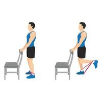 Man doing standing supported resistance band hamstring curls exercise. vector