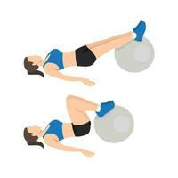 Woman doing stability or swiss ball hamstring leg curl, or hip raise or bridge. vector