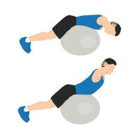 Man doing stability or swiss ball back extensions exercise. vector