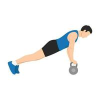 Man doing plank with kettlebell. abdominals exercise. vector