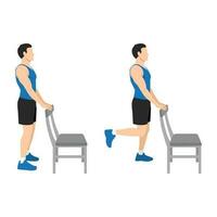 Man doing standing chair or supported hamstring curls exercise. vector