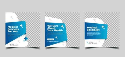 médico y cuidado de la salud cuadrado bandera modelo diseño. blanco antecedentes con azul forma para web anuncios vector