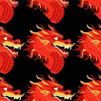 Vector seamless pattern red dragon on a black background. Ornament with traditional Chinese character.
