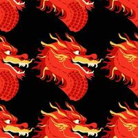 Vector seamless pattern red dragon on a black background. Ornament with traditional Chinese character.