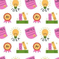 Vector back to school seamless pattern. Cute background with light bulb, notes paper, books and medal. Motivation to study and education pattern. Concept of successful study at school or university.
