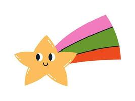 Vector illustration of cute falling star in flat design. Smiling star with colorful tail. Concept of making a wish. Funny and happy childish star with face.