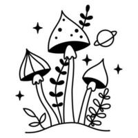 Vector witchy mystical mushrooms with stars and planet in black color. Outline magic mushrooms and leaves. Fairytale esoteric mushroom bundle.