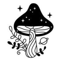 Vector witchy mystical mushroom with stars, dots and planet in black color. Outline magic mushroom and leaves. Fairytale esoteric striped fungi.