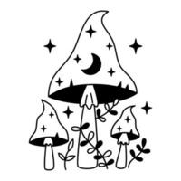 Vector mystical mushrooms with stars and moon in black color. Outline witchy magic mushrooms and leaves. Fairytale esoteric mushrooms.