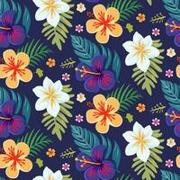 Vector seamless pattern with various tropical leaves and flowers on dark blue background