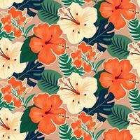 Vector seamless pattern with various tropical leaves and hibiscus flowers on orange background