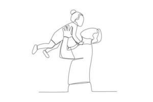 Vector continuous line drawing happy father piggybacking cute little daughter playing with dad vector