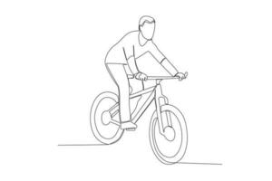 vector uno continuo soltero línea dibujo de joven hombre montando bicicleta para ejercicio sano viajero diario al trabajo estilo de vida concepto lineal bosquejo aislado