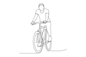 vector uno continuo soltero línea dibujo de joven hombre montando bicicleta para ejercicio sano viajero diario al trabajo estilo de vida concepto lineal bosquejo aislado