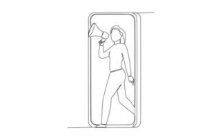 Continuous one line drawing woman hand holding megaphone coming out from smartphone screen marketing concept single line draw design vector graphic illustration