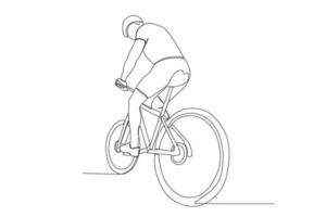 vector uno continuo soltero línea dibujo de joven hombre montando bicicleta para ejercicio sano viajero diario al trabajo estilo de vida concepto lineal bosquejo aislado