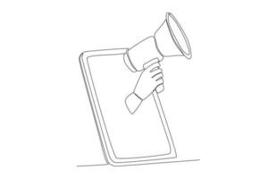 Continuous one line drawing hand holding megaphone coming out from smartphone screen marketing concept single line vector