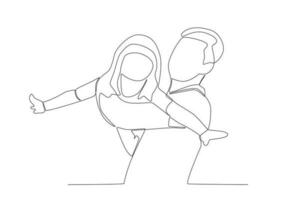 Vector continuous line drawing happy father piggybacking cute little daughter playing with dad vector