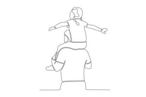 Vector continuous line drawing happy father piggybacking cute little daughter playing with dad vector