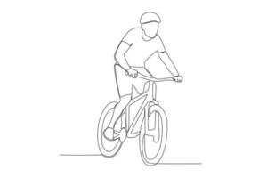 vector uno continuo soltero línea dibujo de joven hombre montando bicicleta para ejercicio sano viajero diario al trabajo estilo de vida concepto lineal bosquejo aislado