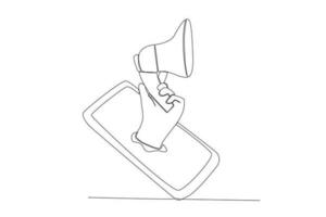 Continuous one line drawing hand holding megaphone coming out from smartphone screen marketing concept single line vector