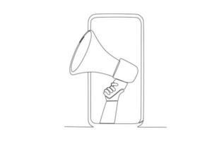 Continuous one line drawing hand holding megaphone coming out from smartphone screen marketing concept single line vector