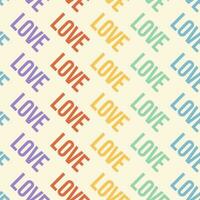 Retro groovy seamless pattern of colorful words love isolated on beige background. Cool abstract square backdrop. Trendy funky design in LGBT rainbow colors vector