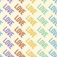 Retro groovy seamless pattern of colorful words love isolated on beige background. Cool abstract square backdrop. Trendy funky design in LGBT rainbow colors vector