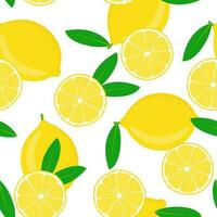 Lemon and halved with leaves on white. seamless pattern. Vector Illustration