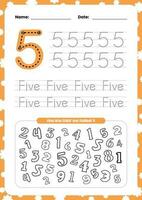 flat design vector learning tracing number and coloring in english for kids activity printable