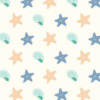 Seamless pattern of hand drawn starfish and seashells on isolated background. Design for summertime celebration, scrapbooking, wedding invitation, textile, home and nursery decor, paper craft. vector