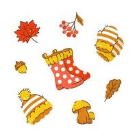 Autumn set of items in warm colors. Cozy flat vector illustration in hyge style