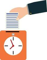 Hand putting card in time clock icon. Hand putting card in time clock recorder sign. flat style. vector