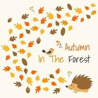 Vector illustration with cute hedgehog, bird and leaf fall in cartoon style. Forest animals and plants. Autumn in the forest.