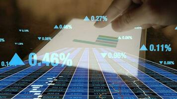 a cityscape with a stock market graph showing investment data profits infographic statistic video