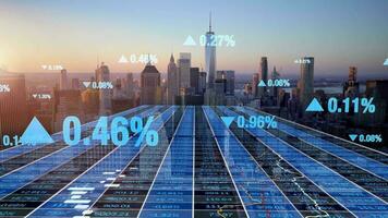 een stadsgezicht met een voorraad markt diagram tonen investering gegevens winsten infographic statistisch video