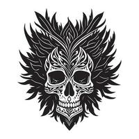 Decorative tribal skull with floral design black outline vector on white background